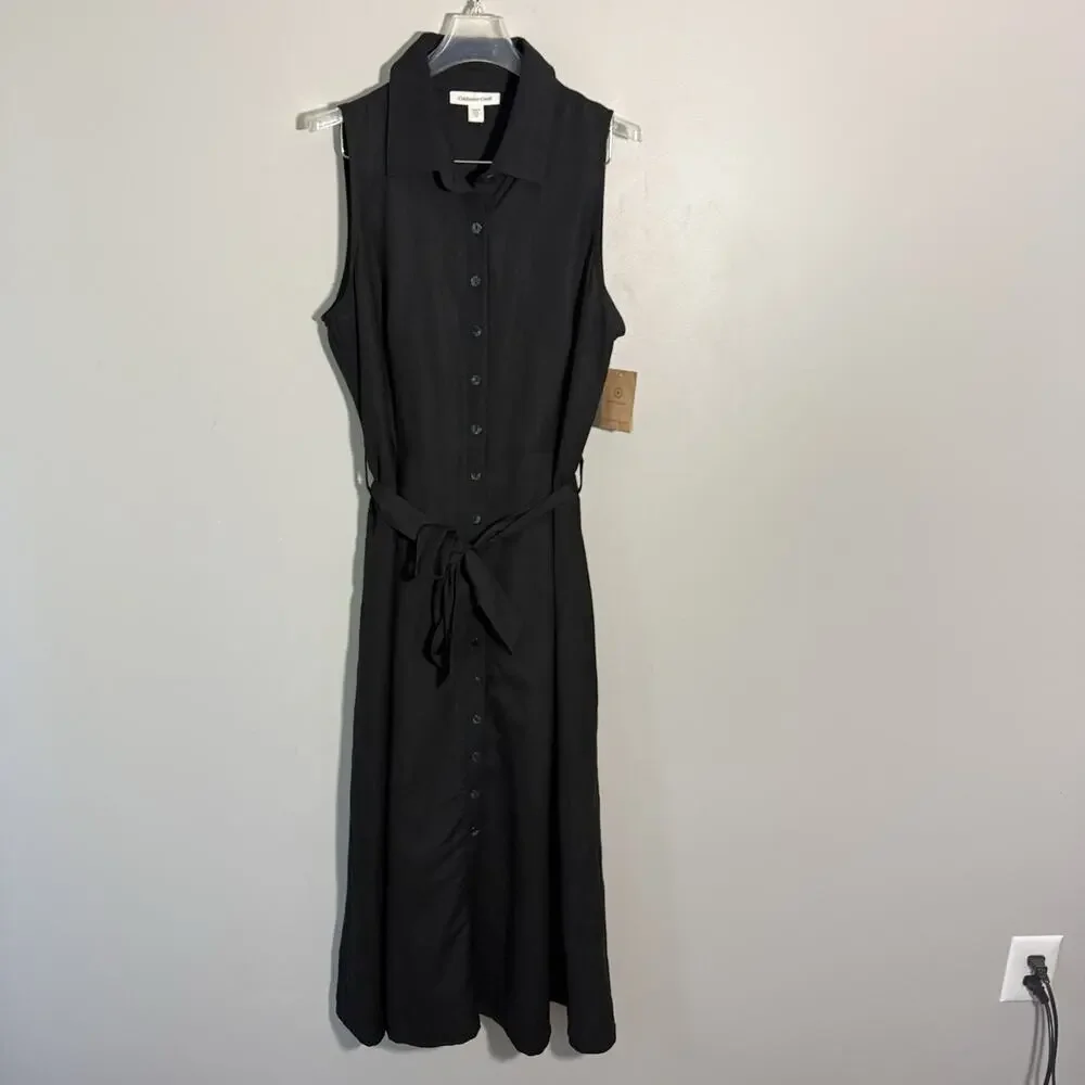 Coldwater Creek Black Linen Maxi Dress Button Front Collared Belt 14 A-line NEW - Picture 6 of 7